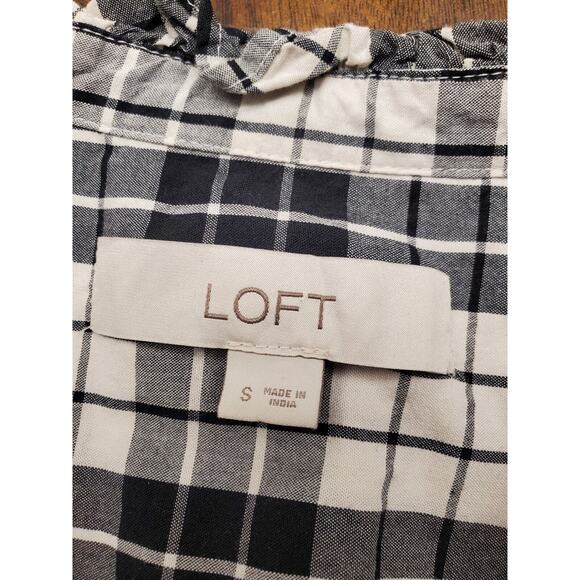 Women's LOFT Black & White Plaid Button Down Blouse w/ Ruffle Trim | Size Small - Picture 7 of 8